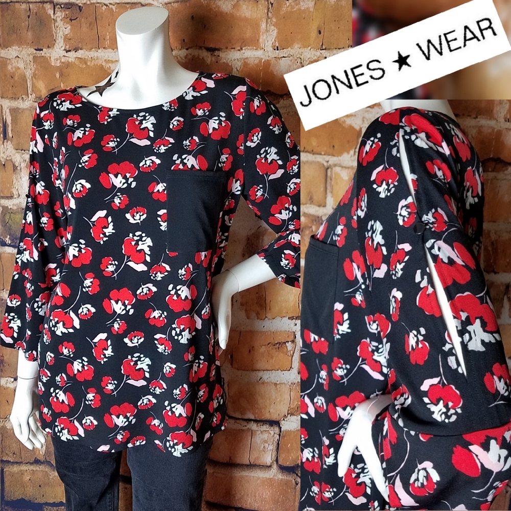 NEW Double Split Peplum Sleeve Floral Pocket Top L